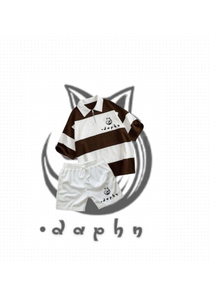 Çizgili Oversize Polo Yaka Yakası Fermuarlı Kahverengi Fox Daphn Baskılı T-Shirt Şort 2'li Takım