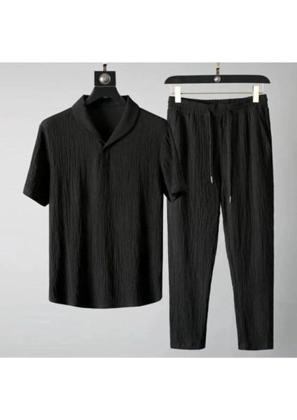 Bürümcük Krilkıl Kumaş Siyah Yazlık Likralı Unisex Kadın Erkek Kısa Kol Tişört Salaş Eşofman Takım