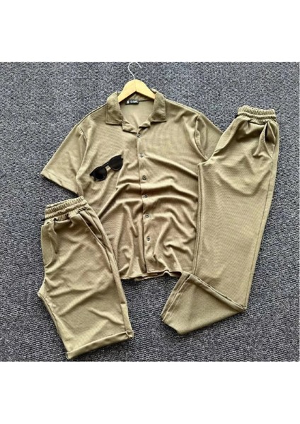 Yeni Sezon Erkek - Kadın Rahat Kesim Salaş Kahverengi Gömlek Şort Pantolon Takım Üçlü Kombin Set