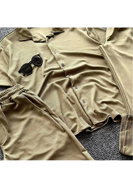 Yeni Sezon Erkek - Kadın Rahat Kesim Salaş Kahverengi Gömlek Şort Pantolon Takım Üçlü Kombin Set fiyatları