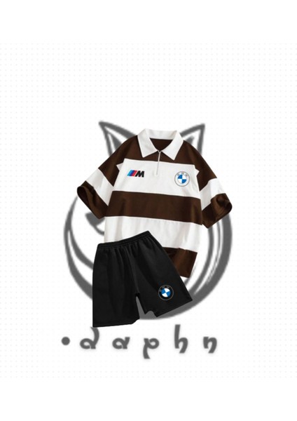 Çizgili Oversize Polo Yaka Yakası Fermuarlı Bebe Mavisi Bmw Baskılı T-Shirt Şort 2'li Takım