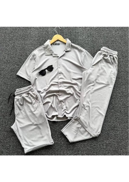 Yeni Sezon Erkek - Kadın Rahat Kesim Salaş Bej Duman Gri Gömlek Şort Pantolon Takım Üçlü Kombin Set fiyatları
