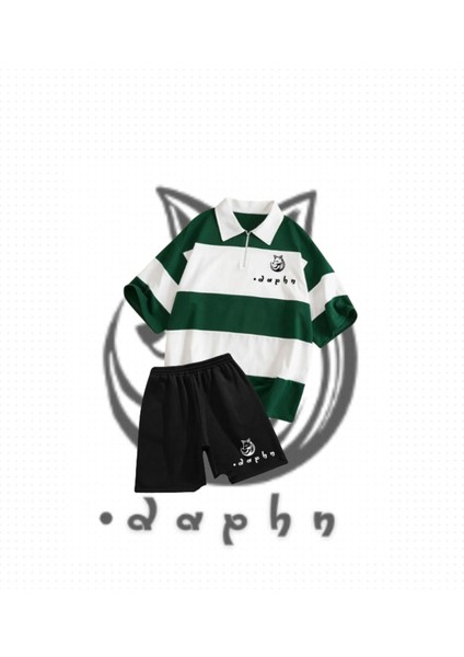 Çizgili Oversize Polo Yaka Yeşil Daphn Fox Baskılı T-Shirt Şort (Siyah) 2'li Takım