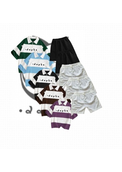 Unisex Çizgili Oversize Polo Yaka Yakası Fermuarlı 5 Renkli Daphn Baskılı T-Shirt Şort 5'li Takım