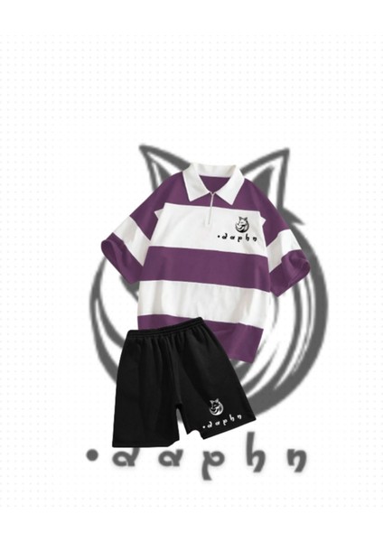 Çizgili Oversize Polo Yaka Mor Daphn Fox Baskılı T-Shirt Şort (Siyah) 2'li Takım