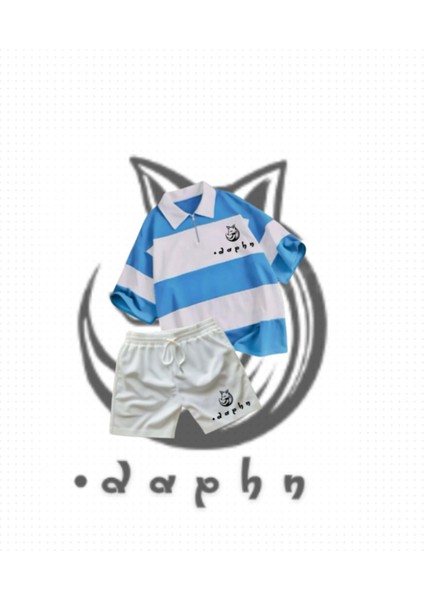 Çizgili Oversize Polo Yaka Yakası Fermuarlı Bebe Mavisi Fox Daphn Baskılı T-Shirt Şort 2'li Takım