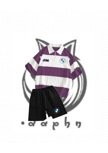 Çizgili Oversize Polo Yaka Yakası Fermuarlı Mor Bmw Baskılı T-Shirt Şort 2'li Takım