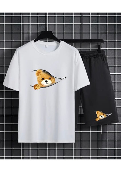 Ayı Baskılı Erkekler Için 2 Parça , Rahat Kısa Kollu Oversize T-Shirt ve Yazlık Bağcıklı Şort Takımı