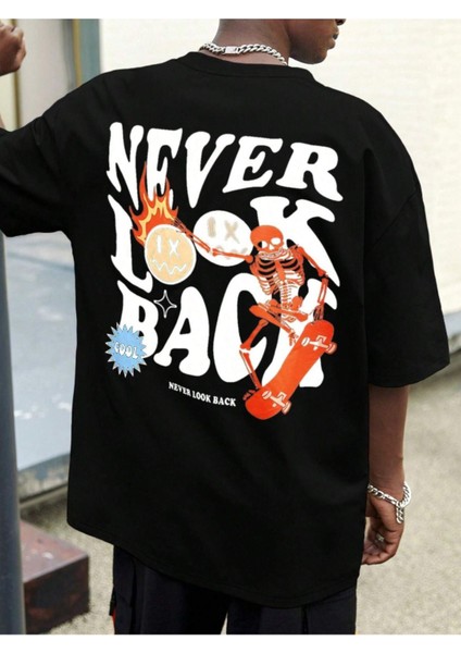 Oversize Never Look Back Baskılı Bisiklet Yaka T-Shirt
