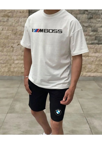 Yeni Sezon Oversize Beyaz Tişört Bmw Imboss Baskılı Şort Takım Penye
