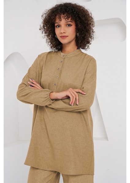 6678 Keten Tunik Pantolon Ikili Takım - Bisküvi