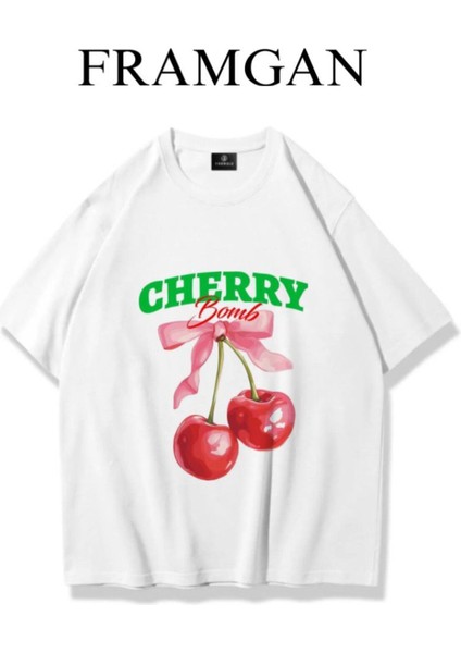 Kadın Cherry Kiraz Baskılı Beyaz T-Shirt