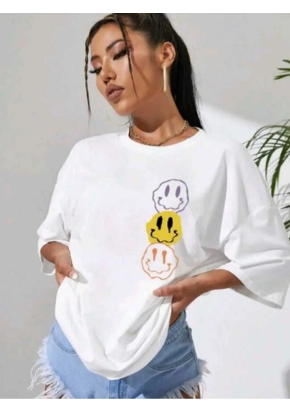 Trend Üç Surat Baskılı Oversize T-Shirt