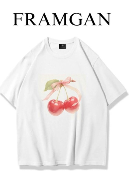 Kadın Cherry Kiraz Baskılı Beyaz T-Shirt