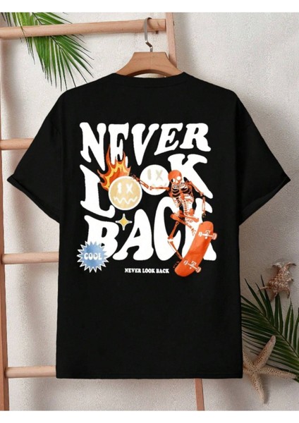 Oversize Never Look Back Baskılı Bisiklet Yaka T-Shirt fiyatları