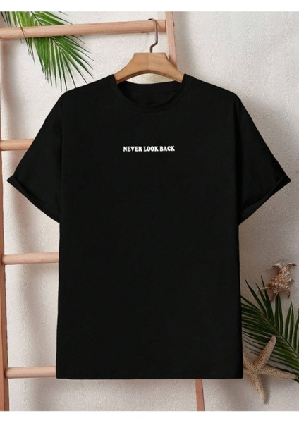 Oversize Never Look Back Baskılı Bisiklet Yaka T-Shirt modelleri