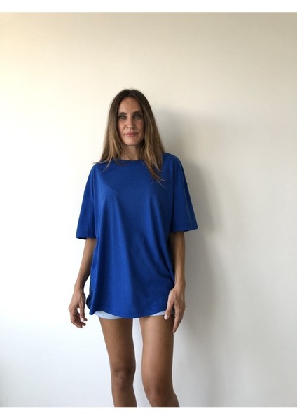 Unisex Pamuk Bisiklet Yaka Boyfriend Örme Oversize T-Shirt