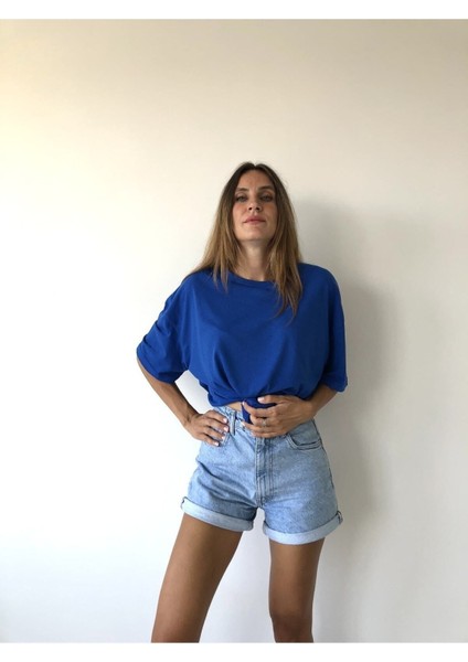 Unisex Pamuk Bisiklet Yaka Boyfriend Örme Oversize T-Shirt modelleri