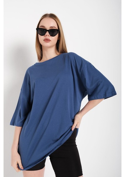 Kadın Indigo Mavi Oversize T-Shirt