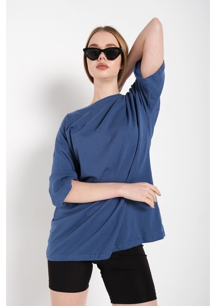 Kadın Indigo Mavi Oversize T-Shirt modelleri