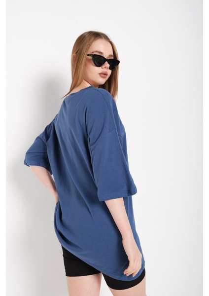 Kadın Indigo Mavi Oversize T-Shirt fırsatları