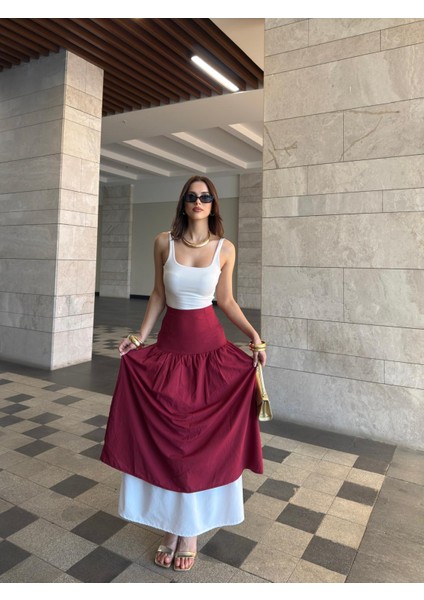 Kadın Iki Katlı Yazlık Kumaş Yandan Fermuarlı Uzun Etek