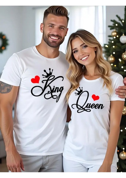 King Quen Baskılı Çift Kombini Pamuk Yuvarlak Yaka Beyaz T-Shirt
