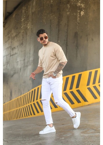 Minimal Kalp Baskılı Acık Kahverengi Oversize Tshirt indirimleri