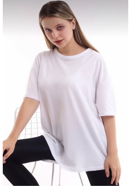 Pamuk Bisiklet Yaka Boyfriend Örme Oversize T-Shirt