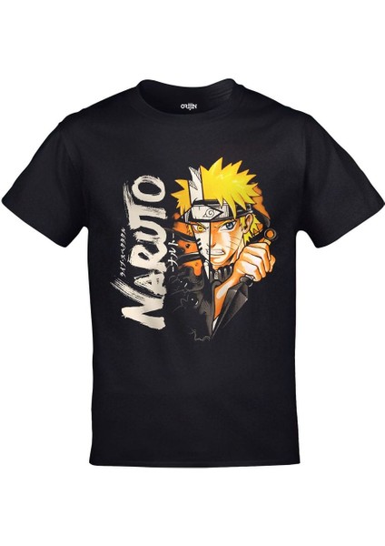 Naruto Split Face Baskılı Siyah Tshirt