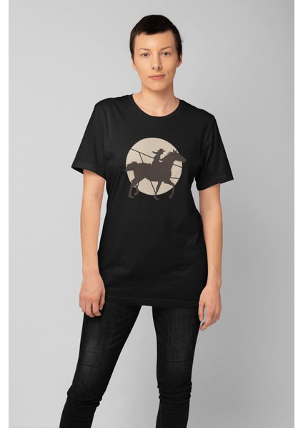Kadın Siyah At Binicisi Baskılı Oversize T-Shirt T4390619
