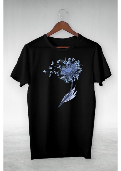 Siyah - Blue Sıngle Flower Baskılı Illustrasyon Tshırt - Vip Tasarım Tshirt