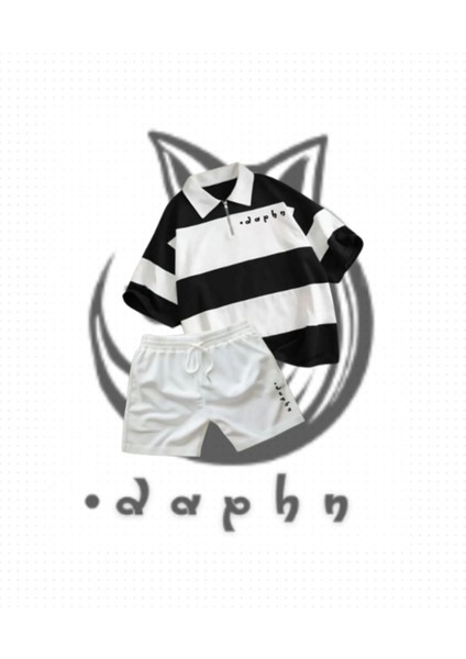 Çizgili Oversize Polo Yaka Yakası Fermuarlı Siyah Daphn Baskılı T-Shirt Şort 2'li Takım