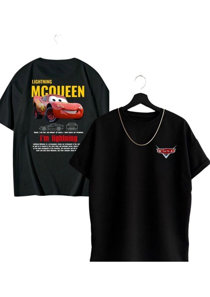 Siyah Şimşek Mcqueen Cars Ön ve Sırt Baskılı Kısa Kol %100 Pamuk T-Shirt