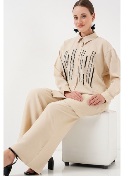 Desenli Tunik Pantolon Ikili Takım 6720 - Krem