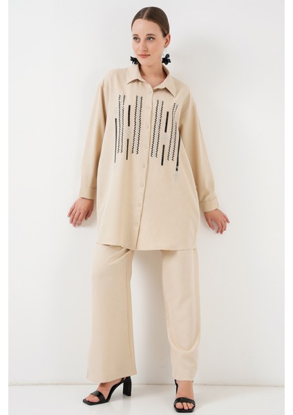 Desenli Tunik Pantolon Ikili Takım 6720 - Krem modelleri