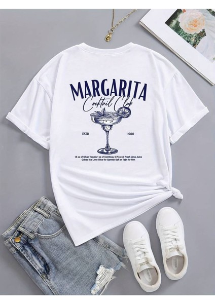 Kadın Margarita Baskılı Oversize Bisiklet Yaka T-Shirt fiyatları