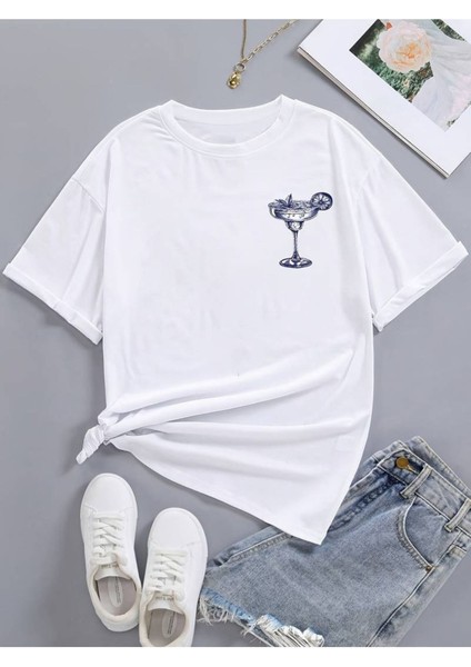 Kadın Margarita Baskılı Oversize Bisiklet Yaka T-Shirt modelleri