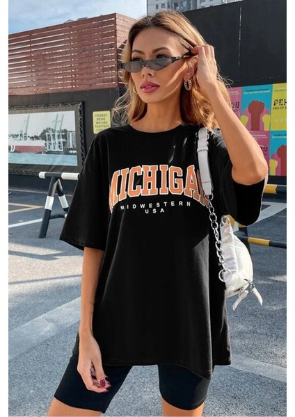 Kadın Siyah Oversize Michigan Baskılı Bisiklet Yaka T-Shirt