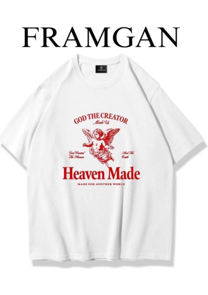 Unisex Heaven Made Baskılı Pamuklu Beyaz T-Shirt