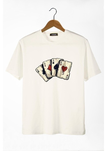 Erkek Ekru Önü Iskambil Kağıdı Baskılı Bisiklet Yaka Oversize T-Shirt