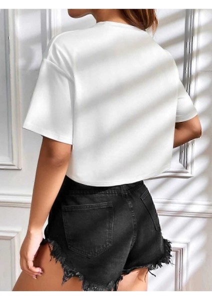 Crop Bisiklet Yaka Örme T-Shirt