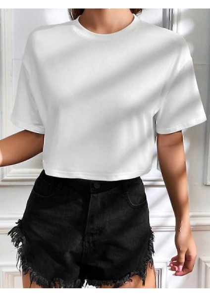 Crop Bisiklet Yaka Örme T-Shirt modelleri