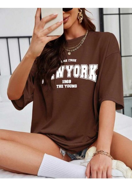 New York Baskılı Oversize T-Shirt