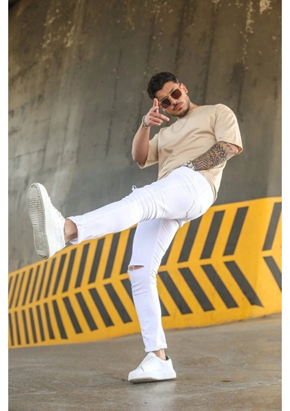 Minimal Kalp Baskılı Acık Kahverengi Oversize Tshirt