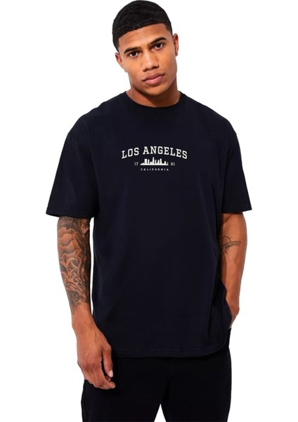 Siyah Los Angeles Yazılı Tasarım Baskılı Bisiklet Yaka Pamuklu Oversize Kadın Erkek/unisex T-Shirt