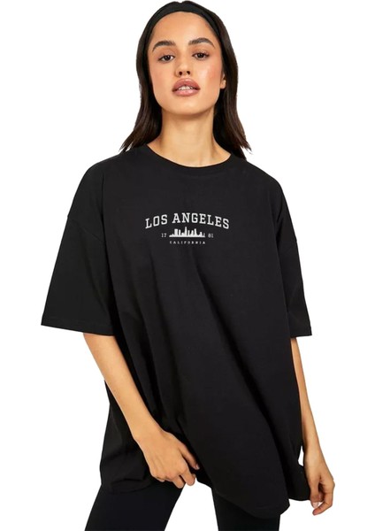 Siyah Los Angeles Yazılı Tasarım Baskılı Bisiklet Yaka Pamuklu Oversize Kadın Erkek/unisex T-Shirt fiyatları