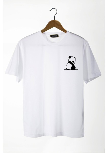 Unisex Beyaz Önü Panda Baskılı Bisiklet Yaka Oversize Kalıp Basic Pamuklu T-Shirt