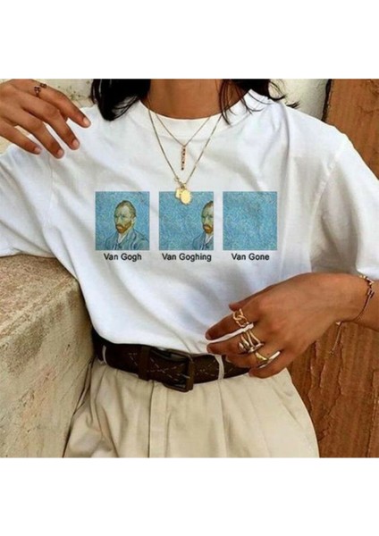 Kadın Oversize Tişört – Yazlık Basic – Van Gogh Baskılı – %100 Pamuk Penye – Beyaz T-Shirt