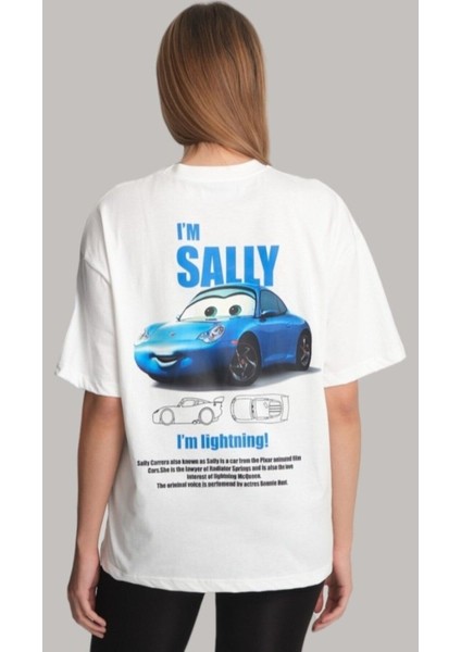 I'm Sally Şimşek Mcqueen Cars Arabalar Ön Arka Baskı Detaylı Couple Oversize T-Shirt Tişört